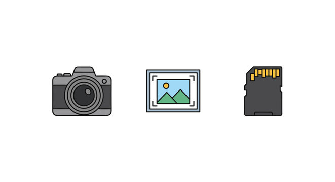 Set of flat line icons representing photography equipment including a DSLR camera, a mountain photo, and a digital SD memory card.