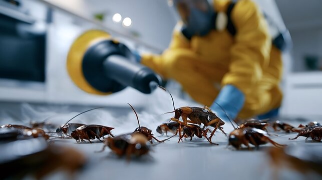 Professional pest control worker wearing a hazmat suit and respirator mask spraying chemical insecticide from a sprayer, killing cockroaches infested in a home kitchen