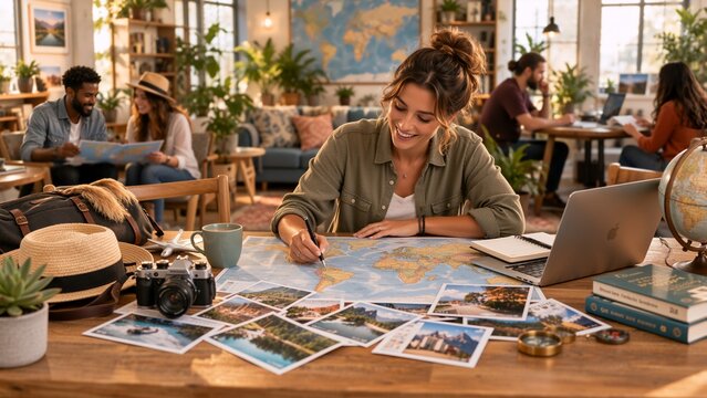 Young woman plans a travel itinerary at a desk covered with printed photos, notebooks, and a world map in a bright cafe, capturing inspiration and preparation.