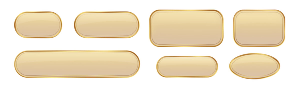Elegant golden shapes with glowing glass effect forms sophisticated 3D interface button ideal for tech projects and web design templates.