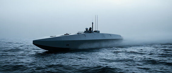Obraz premium A vessel operating with minimal profile moves through sea fog. This concept involves naval robotics, reconnaissance, and maritime security.