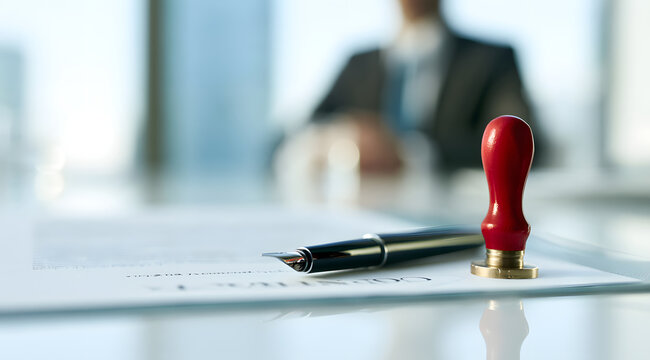 A signed business contract was placed on a desk in a modern office, with a blurred image of an executive in the background, symbolizing the agreement
