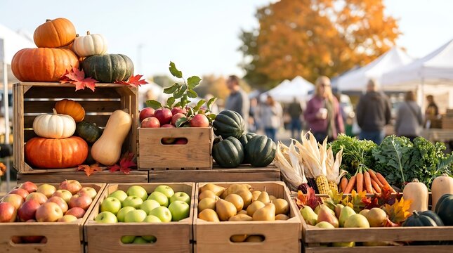 Outdoor farmers market stand featuring wooden crates filled with pumpkins colorful apples pears and winter squash during sunny autumn day with blurred customers.