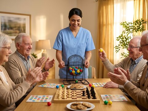 Senior citizens enjoying bingo and chess game with friendly female caregiver in cozy lounge of modern nursing home facility during afternoon leisure activity session.