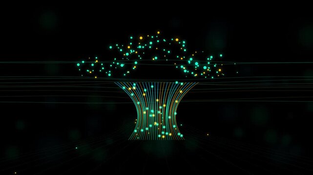 Abstract digital tree network animation, glowing data particles and connectivity lines, technology concept background