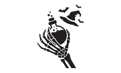 Fototapeta premium Skeleton hand holding a magic potion bottle with witch hat and bats