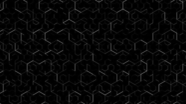 Seamless loop motion background featuring abstract white hexagon and scientific molecule shapes forming a dynamic technical grid pattern