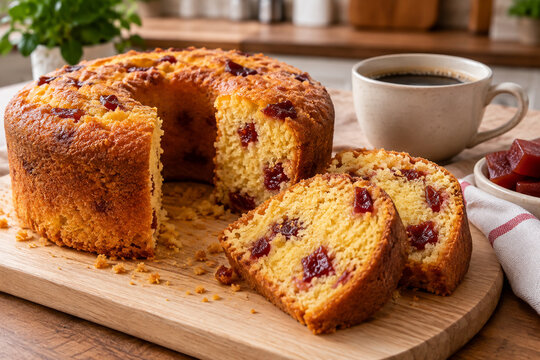 Bolo de fub&aacute; caseiro com peda&ccedil;os de goiabada e caf&eacute;