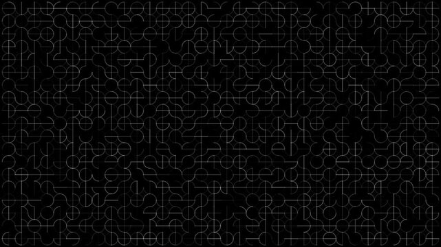 Seamless loop motion background featuring abstract white circles, semicircles, and straight lines forming a dynamic technical grid pattern