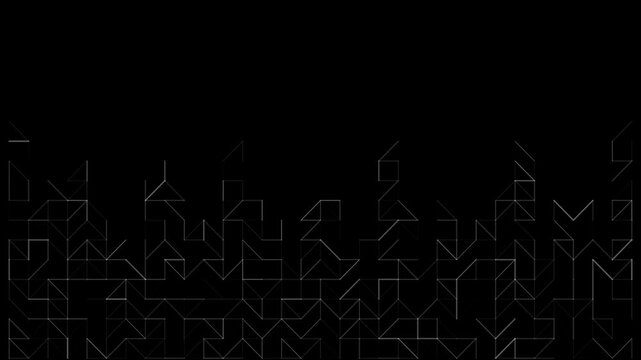 Seamless loop motion background featuring abstract white triangle patterns forming dynamic skyline towers shapes on dark tech grid