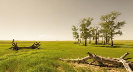 Fototapeta premium Peaceful Grassy Meadow With Scattered Fallen Tree Limbs And Distant Tall Trees