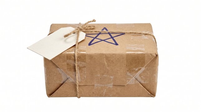 Gift box wrapped in brown kraft paper with a hand drawn star and blank tag tied with twine on a white background. This simple parcel represents thoughtful handmade gift wrapping for the holidays.