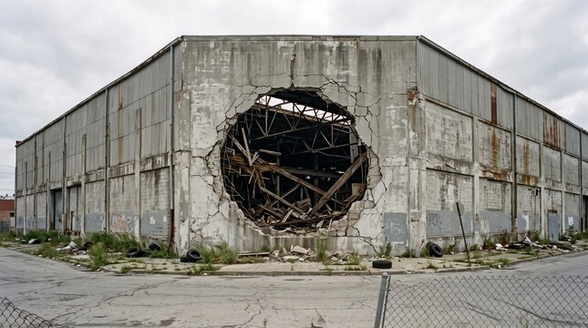 Abandoned industrial warehouse with a large hole in the concrete wall and visible structural damage. Concept of demolition, building repair, urban decay, industrial ruin and property damage.
