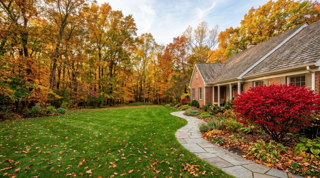 Charming suburban home with stone path in park like backyard during golden autumn season.
