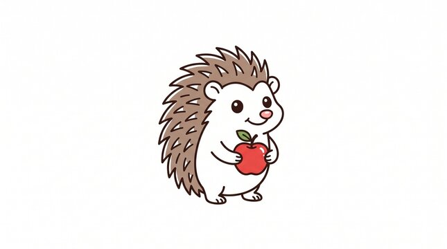 Cute cartoon hedgehog holding a red apple with a leaf
