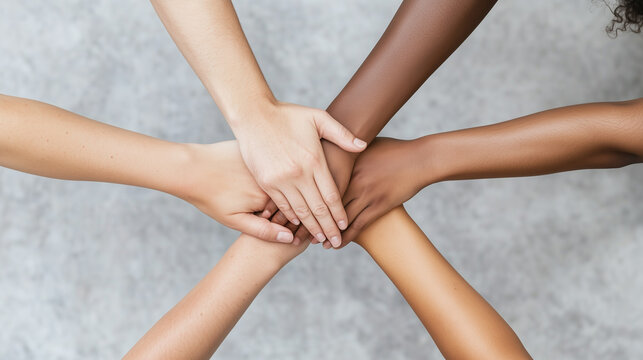 Hands of different skin tones are placed together showing a sense of collaboration and unity among diverse individuals. This moment highlights the importance of teamwork and support.