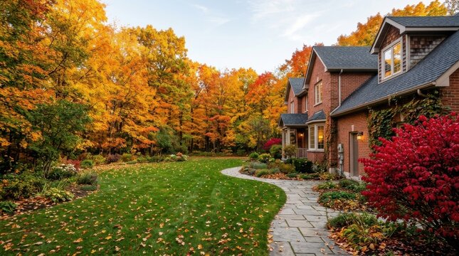 Elegant brick house in autumn setting with vibrant red foliage and stone walkway.