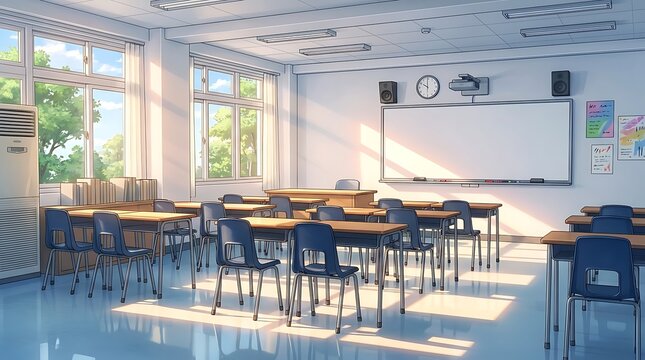 Empty classroom with desks chairs and whiteboard bathed in sunlight coming through large windows, bright academic environment for learning and education concept.