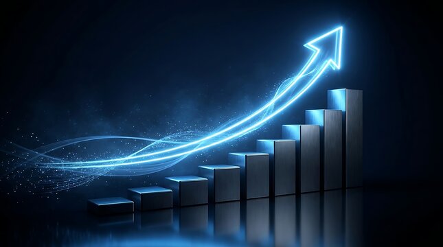 Blue neon arrow charts progress upwards with glowing particles and light streaks against dark background, symbolizing financial growth and success.