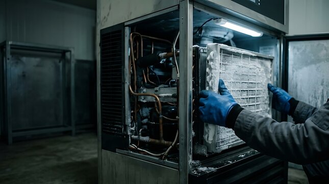 Technician wearing blue gloves inspects a heavily frosted industrial freezer coil