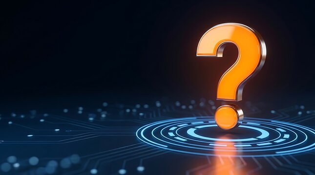 Orange question mark symbol glowing on circuit board background with blue illuminated circle, representing inquiry, mystery, and technological challenges.