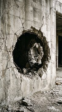 Close-up of a damaged concrete wall with a large hole, cracks and broken surface. Concept of structural damage, building repair, demolition, construction defect and urban decay.