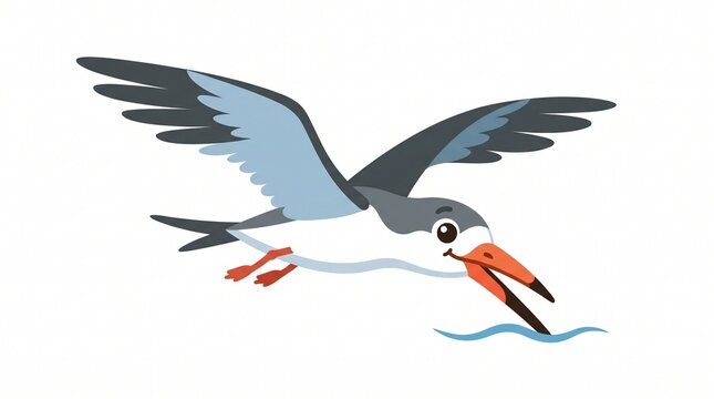 Cute cartoon black skimmer bird flying and dipping beak into water