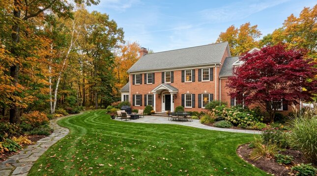 Traditional red brick house with stone patio and fall trees in backyard.
