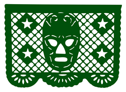 Green papel picado banner cutout featuring a Mexican wrestler mask and stars pattern on a white background for a festive celebration.