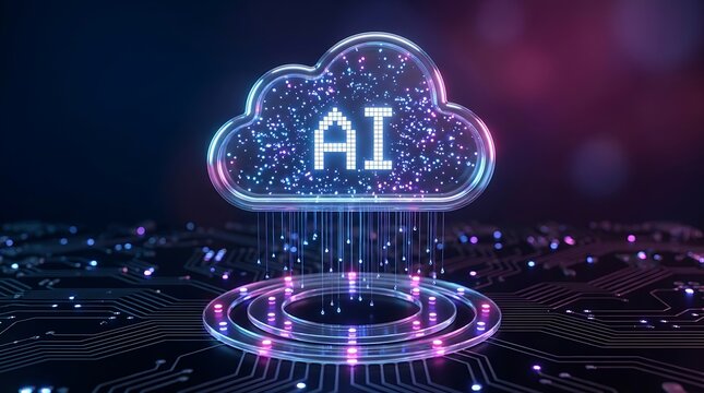 Digital cloud with artificial intelligence symbol glowing neon blue and pink over circuit board with light effects representing cloud computing and ai technology.