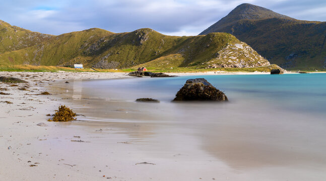 Rocky coastal landscape at Haukland Beach in the Lofoten Islands