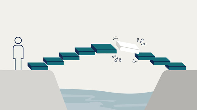 Figure watches stepping stones cross a chasm with a falling white block