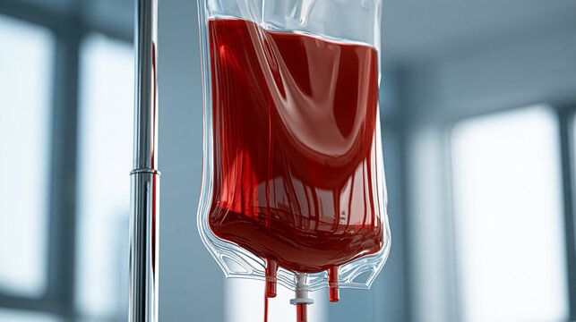 A blood bag filled with bright red fluid hangs on a metal IV pole in a bright hospital room. This medical concept image is ideal for healthcare campaigns.