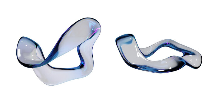 Abstract dark blue 3D glass shapes set isolated on transparent background. Fluid curved glass objects for tech banners, web design, branding, and futuristic composition overlays.