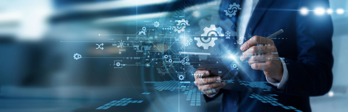 Systems administrator working on tablet configuring advanced network settings panels, adjusting user access permissions, updating system security configurations, and managing device profiles.