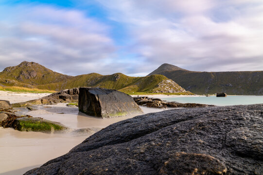 Rocky coastal landscape at Haukland Beach in the Lofoten Islands