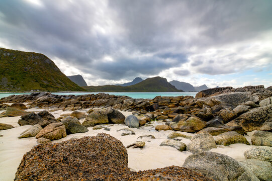 Rocky coastal landscape along Voieveien road in the Lofoten Islands
