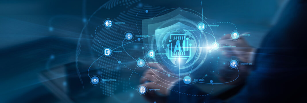 Scientist working on tablet designing a shield for Artificial Intelligence tools. Monitoring neural data on a hologram screen ensures Artificial Intelligence operations scale securely.