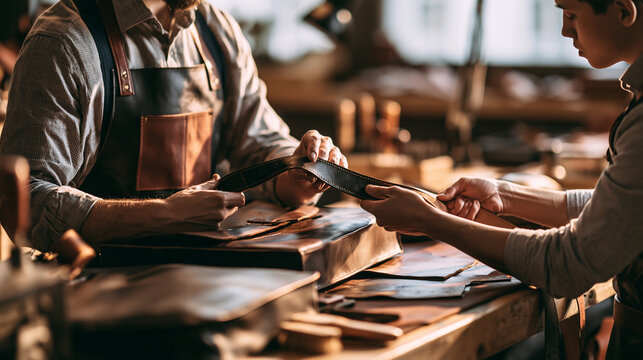 An adult leather repairer holds up a newly stitched bag strap while an adult customer gently pulls it to test its strength at the workshop counter. Warm workshop window light