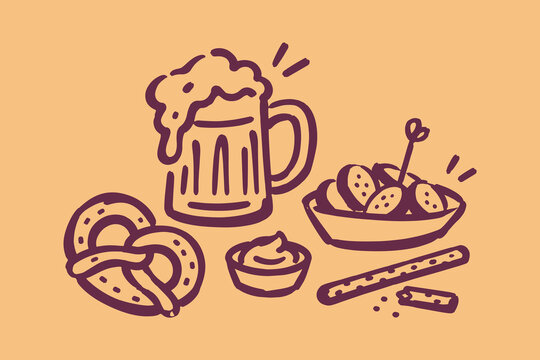 German Beer, Currywurst and Pretzel Hand Drawn Set
