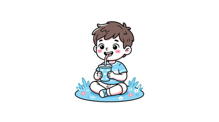 Fototapeta premium Boy Drinking Juice With Straw Cartoon Vector Illustration