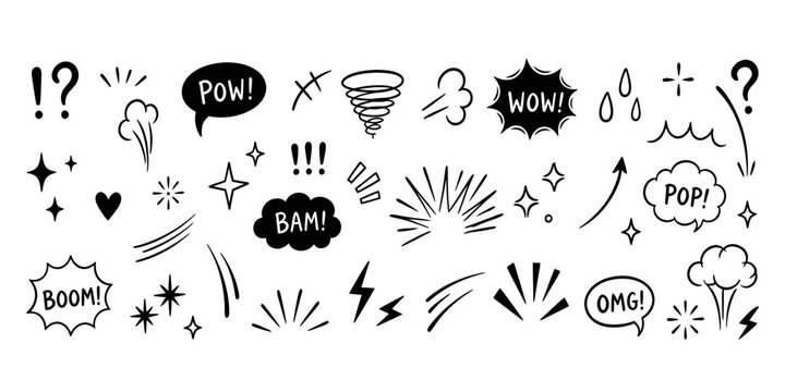 Comic Boom Pow Wow Cartoon Explosion Splash Smoke and Speech Bubble Element Set