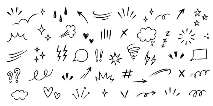 Hand Drawn Movement Lines with Arrow Shock Sparkle and Cartoon Emotion Effects