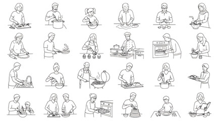Obraz premium Collection of Line Art Illustrations Featuring People Preparing Various Delicious Meals at Home
