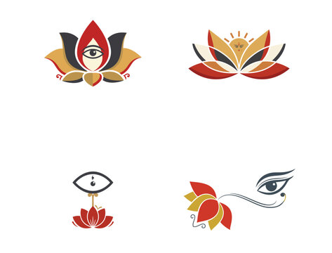 Goddess Durga divine eye and lotus flower vector logo set.