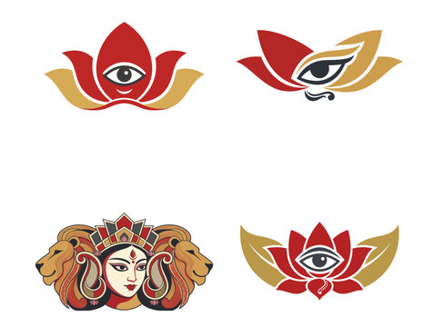 Goddess Durga face with lions, divine eye, and lotus vector logo set.