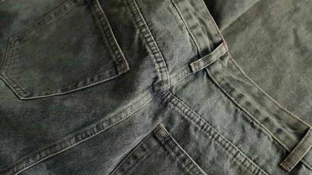 Close-up macro shot of detailed textured weave, folds, and soft twill lines of dark grey denim fabric. For stylish background, fashion presentations, textile manufacturing, clothing store commercials.