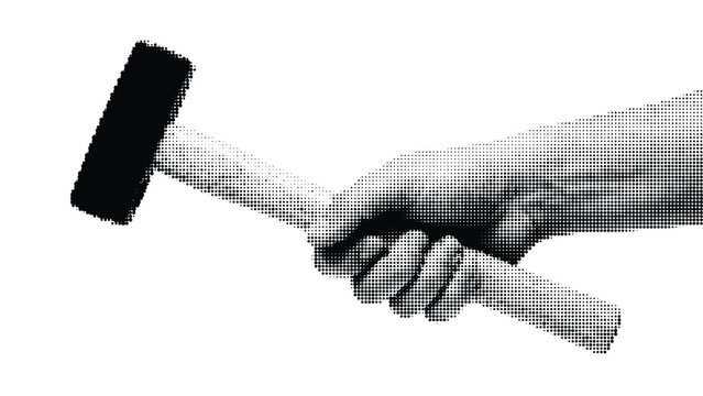 Graphic halftone hand holding heavy construction sledgehammer for industrial building concept and DIY repair projects in creative black and white dot style.