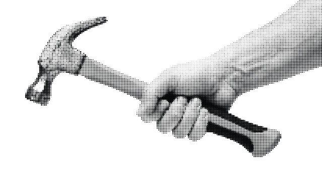 Close up human hand holding metal claw hammer featuring gritty halftone texture in grayscale perfect for construction industry or repair service themes.