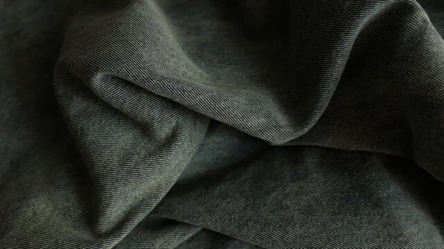 Close-up macro shot of detailed textured weave, folds, and soft twill lines of dark grey denim fabric. For stylish background, fashion presentations, textile manufacturing, clothing store commercials.
